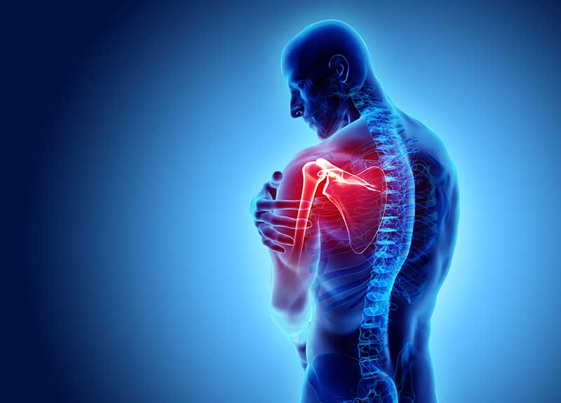 Sore shoulder pain with highlighted inflamed shoulder joint