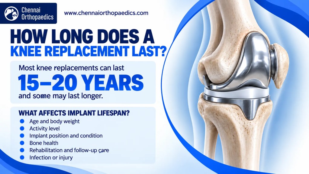 Knee replacement lifespan infographic: heading asks 'How long does a knee replacement last?' with a knee implant image and '15–20 YEARS' highlighted, plus lifespan factors list.